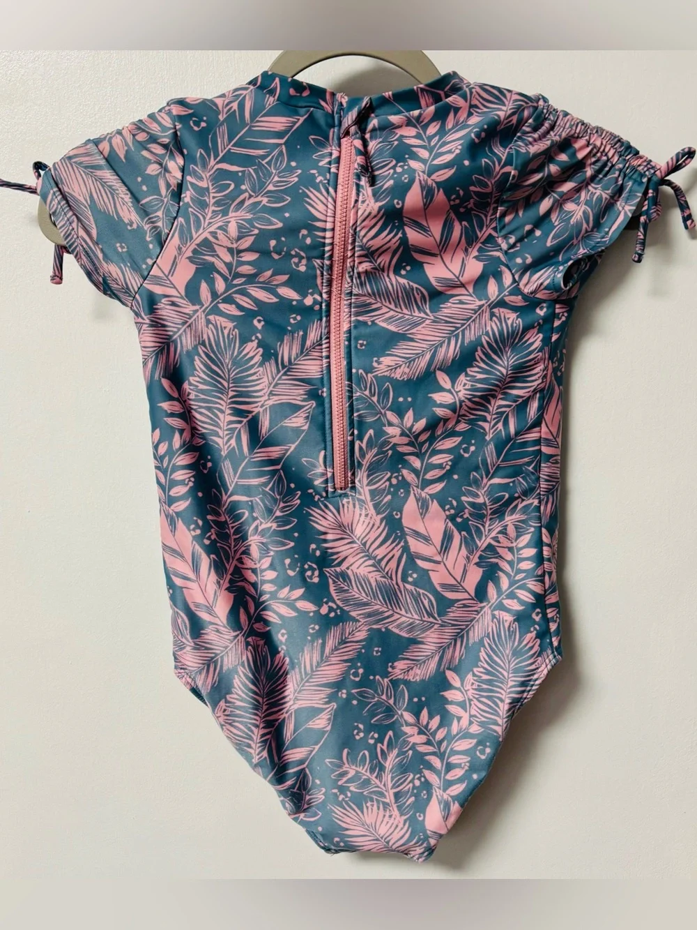 art class Pink Leaf-Print Teal One-Piece Swim Suit Sun Protection   size L 10-12
